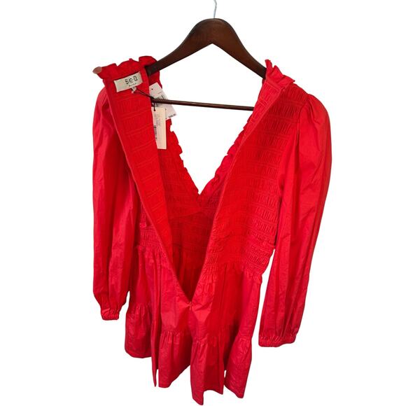 SEA NEW YORK NWT Scarlet Gaia Solid Cotton Long Sleeve Mini Dress Sz 12 Ruffles - Picture 9 of 14